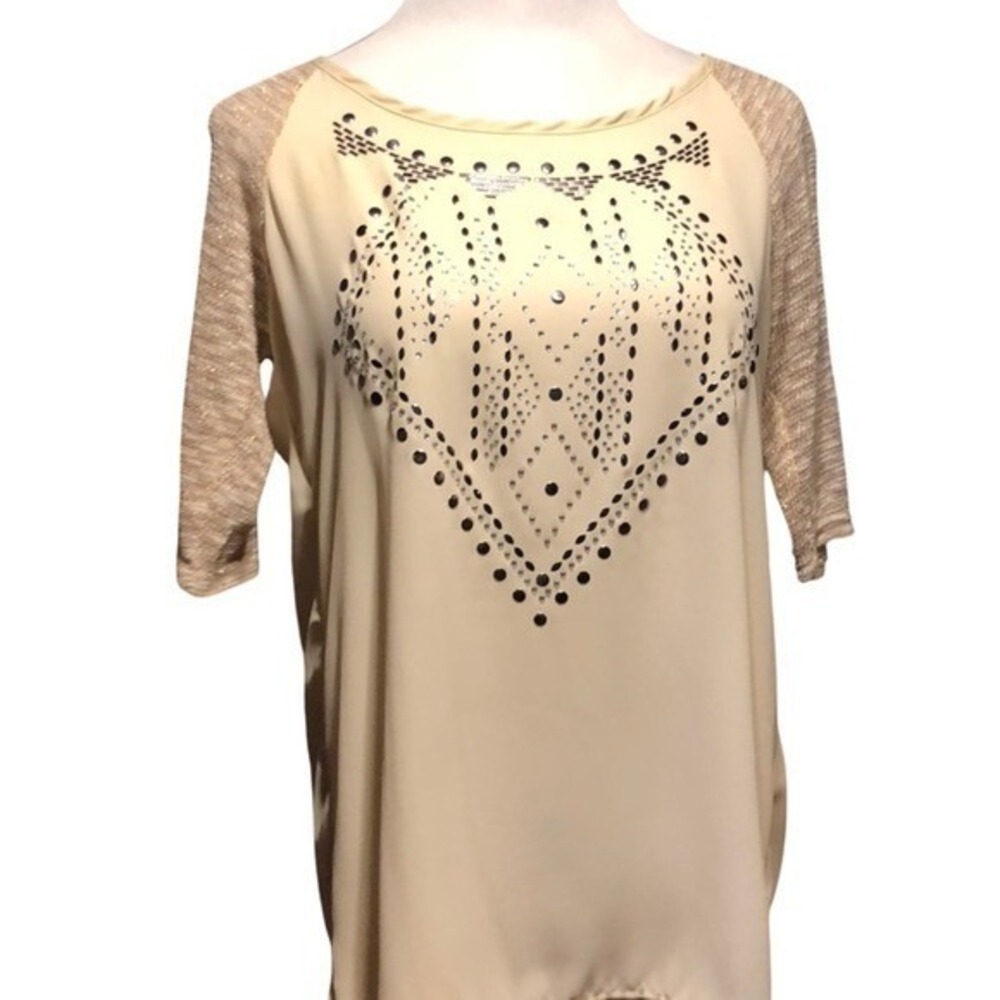 Daytrip Top Womens M Studded Cream Metallic Raglan Sleeve Split Back Boho Blouse